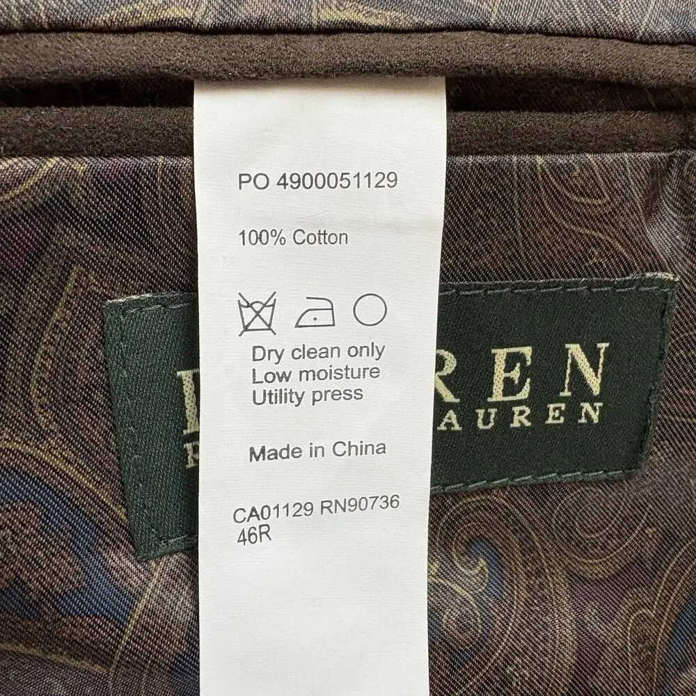 Lauren Ralph Lauren Men’s Tan Corduroy Blazer 46R Elbow Patches Paisley Lining - Picture 12 of 14